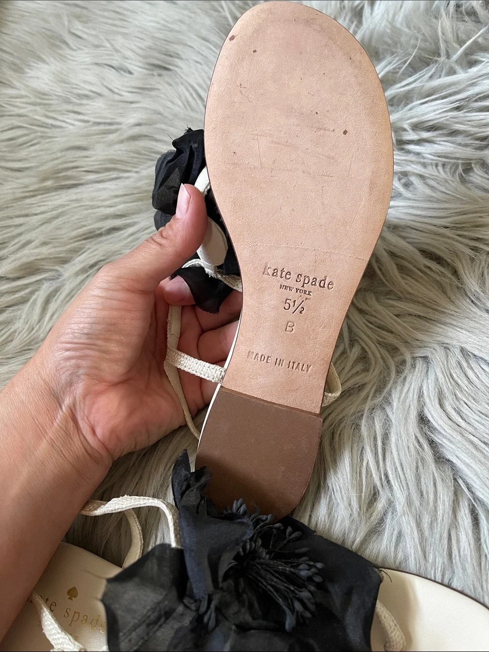 kate spade Cream Sandals with Black Floral Appliqués